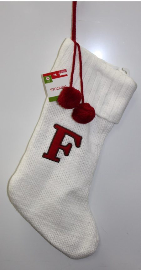 Letter F White Monogram Knit Stocking