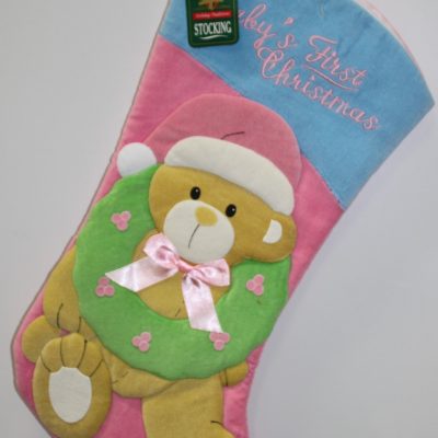 Baby’s First Christmas Stocking – Teddy Bear & Wreath (Gender Neutral)