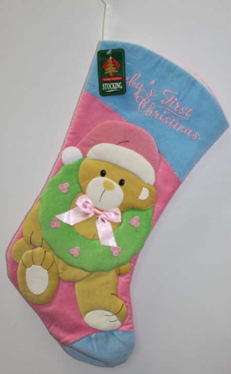 Baby’s First Christmas Stocking – Teddy Bear & Wreath (Gender Neutral)