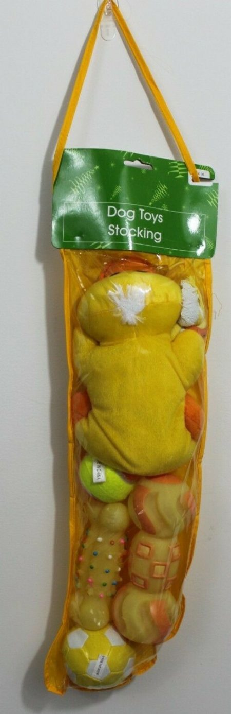 Dog Christmas stocking with yellow plush toys