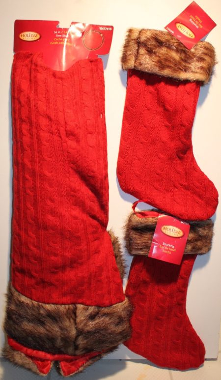 2-Set Red Knit Christmas Tree Skirt & Stocking – Holiday Decoration with Faux Fur