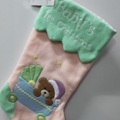 Baby’s First Christmas Stocking – Teddy Bear in Carriage