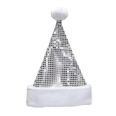 Silver Sequin Holiday Hat for Adults – Santa Christmas Cap with Pom Pom