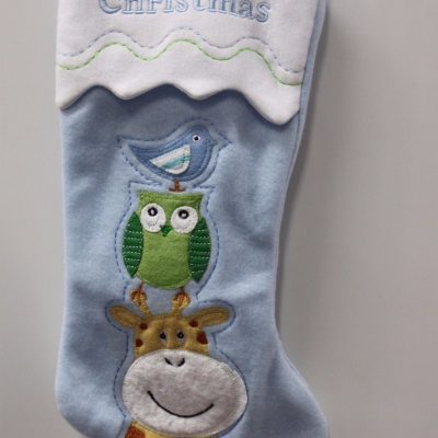 Baby Boy’s First Christmas Stocking – Blue with Giraffe, Owl & Bird