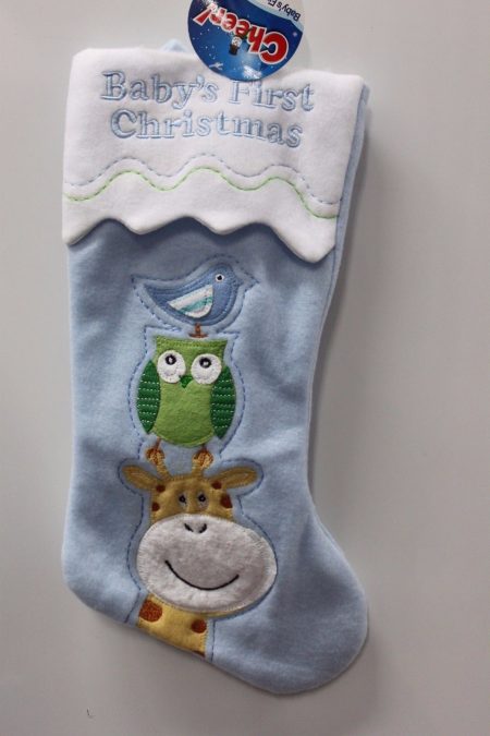 Baby Boy’s First Christmas Stocking – Blue with Giraffe, Owl & Bird