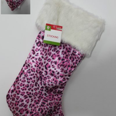 2-Set Pink Sequined Leopard Stocking & Heart Ornament Set