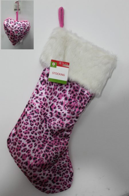 2-Set Pink Sequined Leopard Stocking & Heart Ornament Set