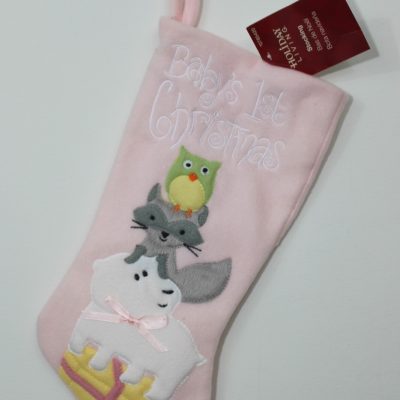 Baby Girl’s First Christmas Stocking – Pink Owl, Fox & Dog
