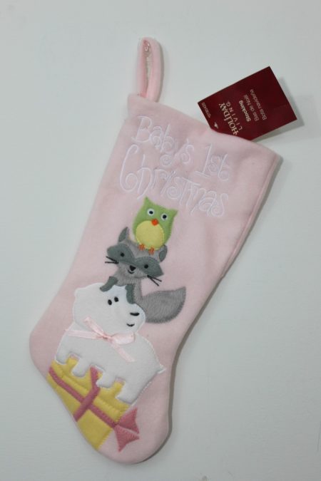 Baby Girl’s First Christmas Stocking – Pink Owl, Fox & Dog