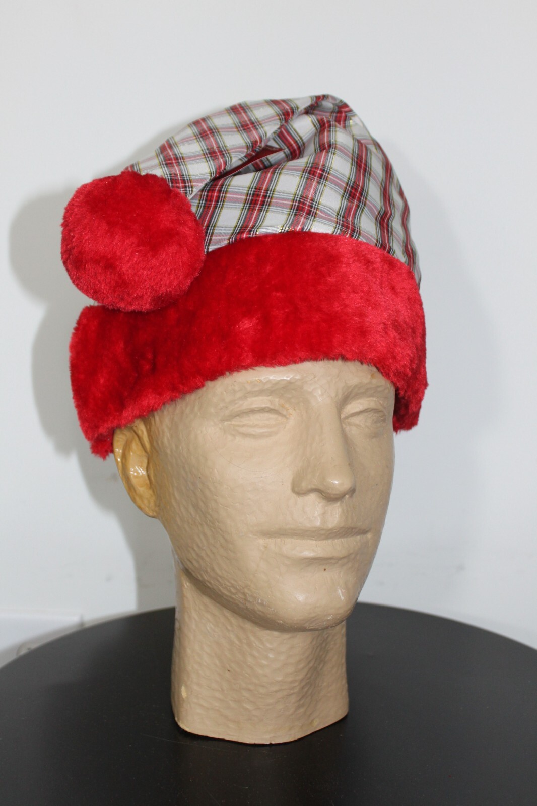Red & White Plaid Santa Hat – Christmas Cap with Pom Pom Brim 1 Red & White Plaid Santa Hat – Christmas Cap with Pom Pom Brim