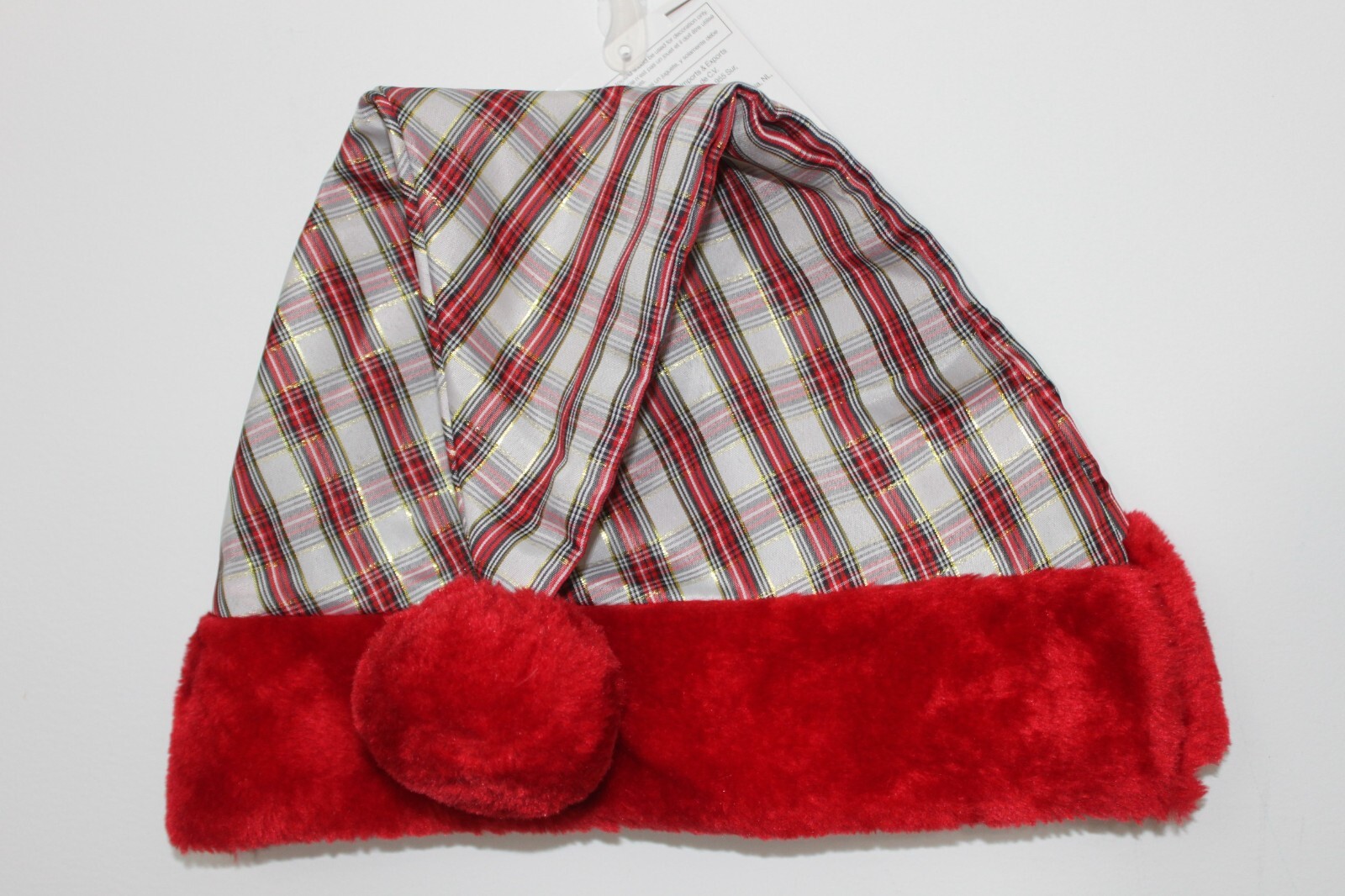 Red & White Plaid Santa Hat – Christmas Cap with Pom Pom Brim 2 Red & White Plaid Santa Hat – Christmas Cap with Pom Pom Brim - Image 2