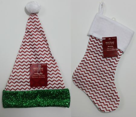 2-Set Glitter Zigzag Stocking & Santa Hat – Red White Christmas