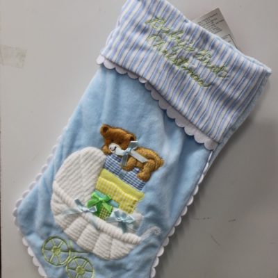 Baby Boy’s First Christmas Stocking – Blue with Carriage