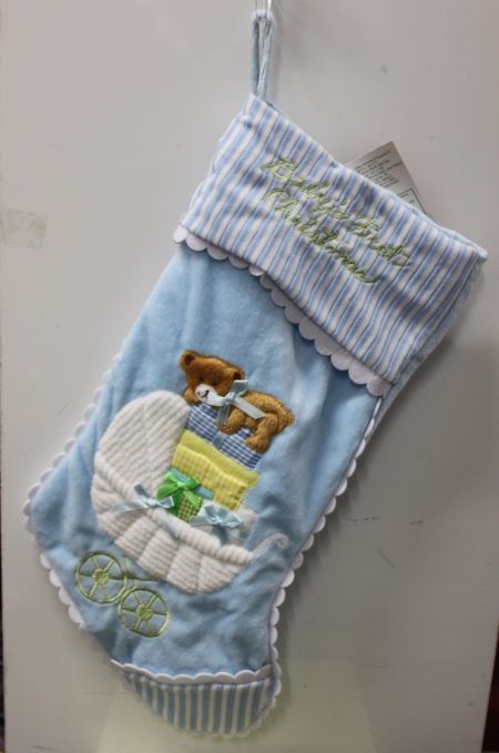 Baby Boy’s First Christmas Stocking – Blue with Carriage