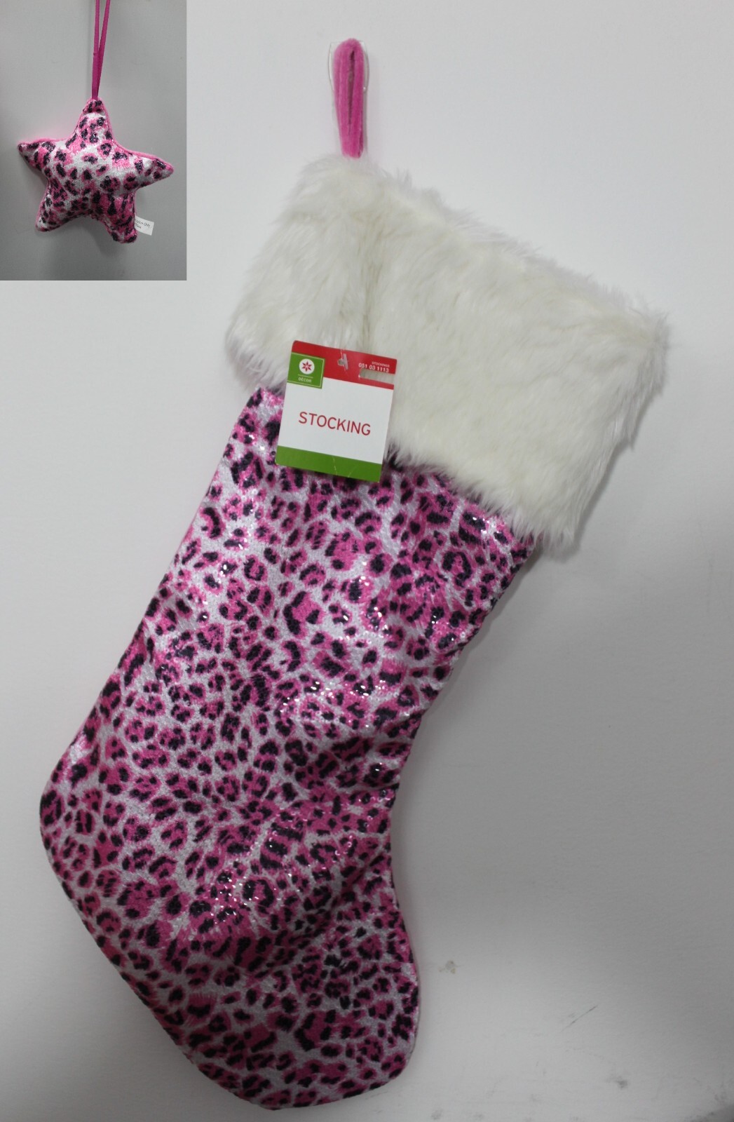 Pink Sequined Leopard Stocking & Star Ornament Set – Christmas Decor 1 Pink Sequined Leopard Stocking & Star Ornament Set – Christmas Decor