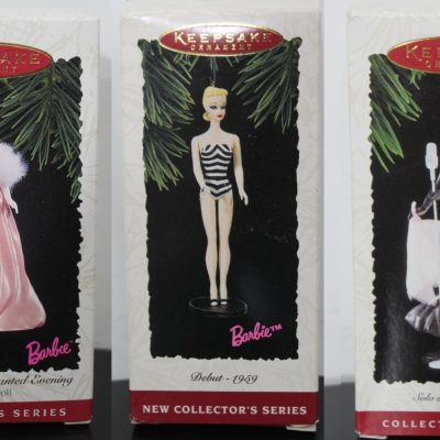 Barbie Hallmark ornaments set of 3 includes Debut - 1959, Solo in the Spotlight, and Enchanted Evening